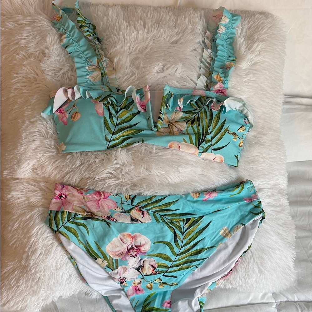 Floral Ruffle Bikini Set in Aqua